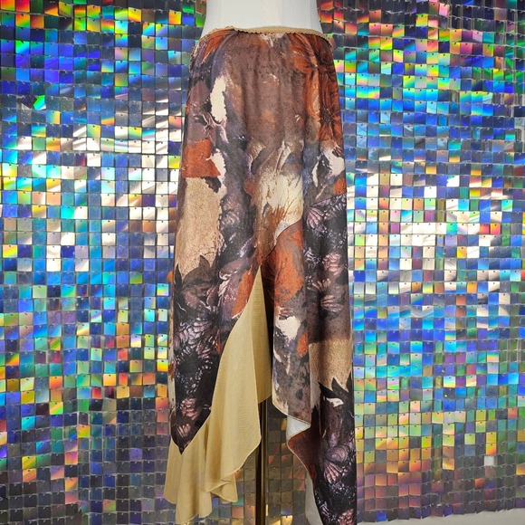 Asymmetrical Floral Midi Skirt Womens Brown Tan Renaissance Fairycore Western - Picture 2 of 10